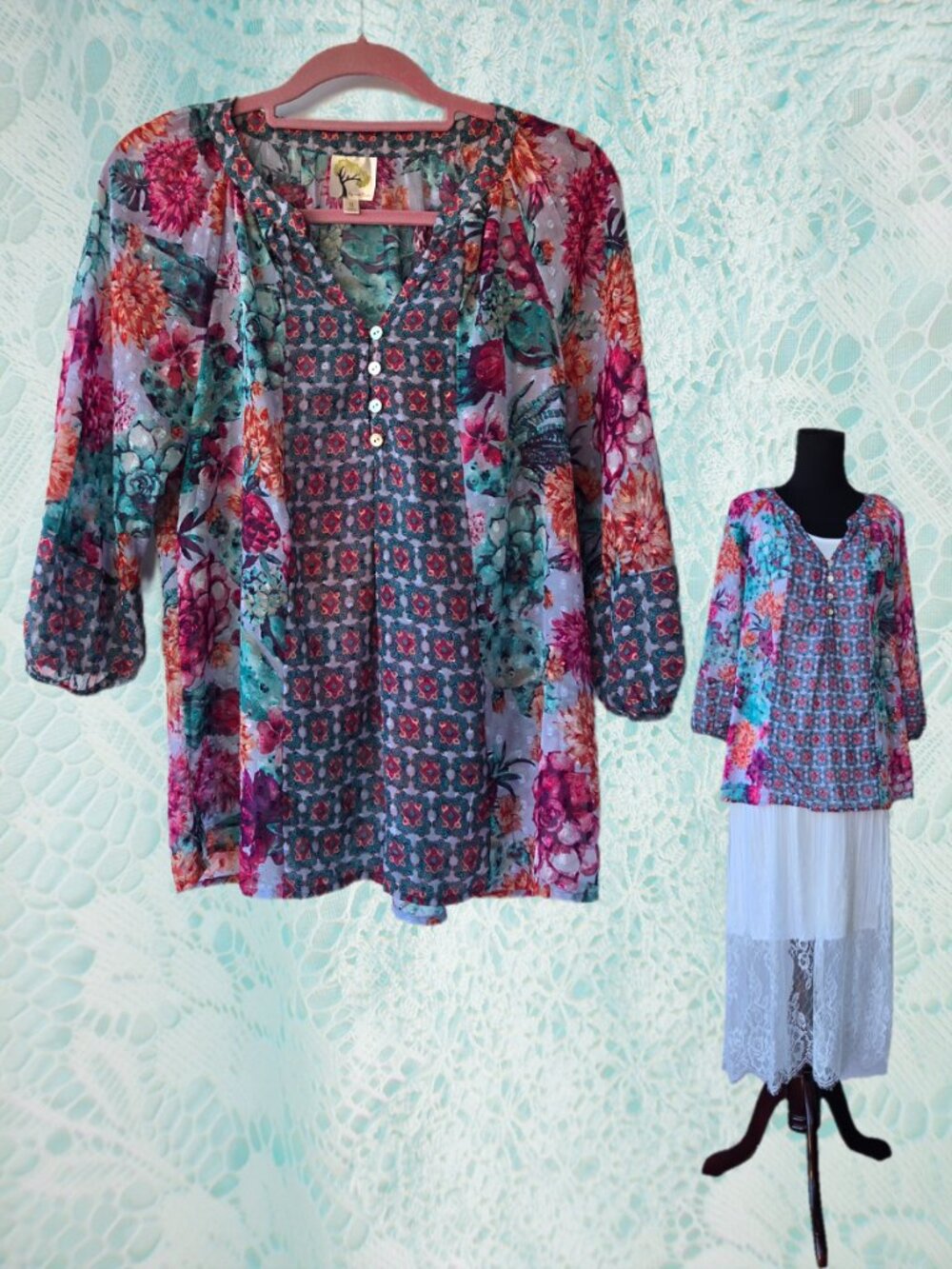 Fig and Flower Sheer Floral Boho Blouse Women's Small Ethereal